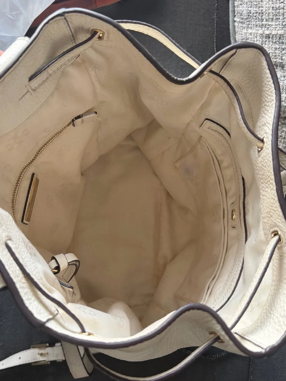 Tory Burch Cream Pebbled Leather Backpack with Embossed Logo